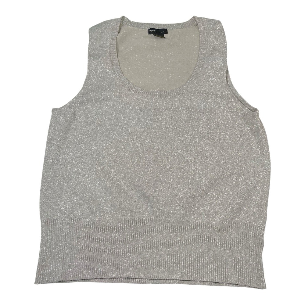 Grace‎ Elements XL Silver Knit Top Sleeveless Metallic Scoop Neck Glam Disco